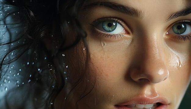 Mujer joven con cabello castaño y ojos azules mirando la cámara generada por inteligencia artificial
