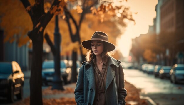 Mujer joven caminando con confianza en el atardecer de otoño generado por IA