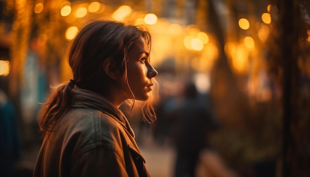 Mujer joven caminando sonriendo escuchando música generada por AI