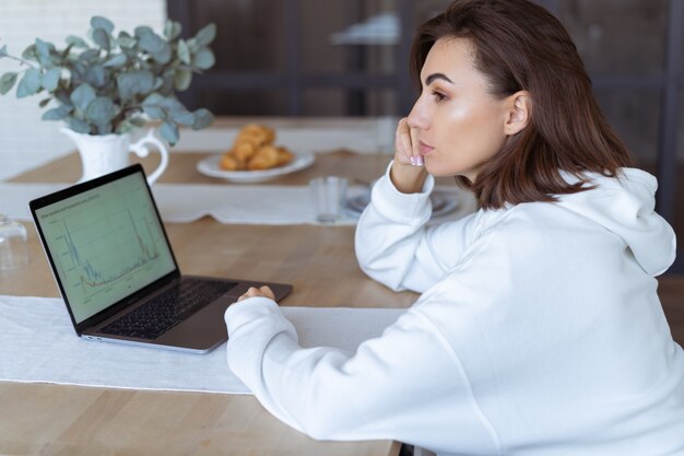 Foto gratuita mujer joven en casa en la cocina con una sudadera con capucha blanca con una computadora portátil, asesora mujer de análisis de negocios financieros con gráficos de tablero de datos