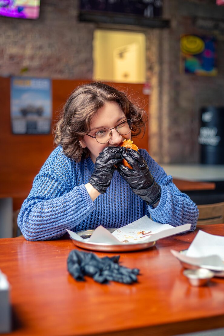 Foto gratuito mujer joven comiendo hamburguesa comida rápida engañar comida una mujer en un restaurante de hamburguesas