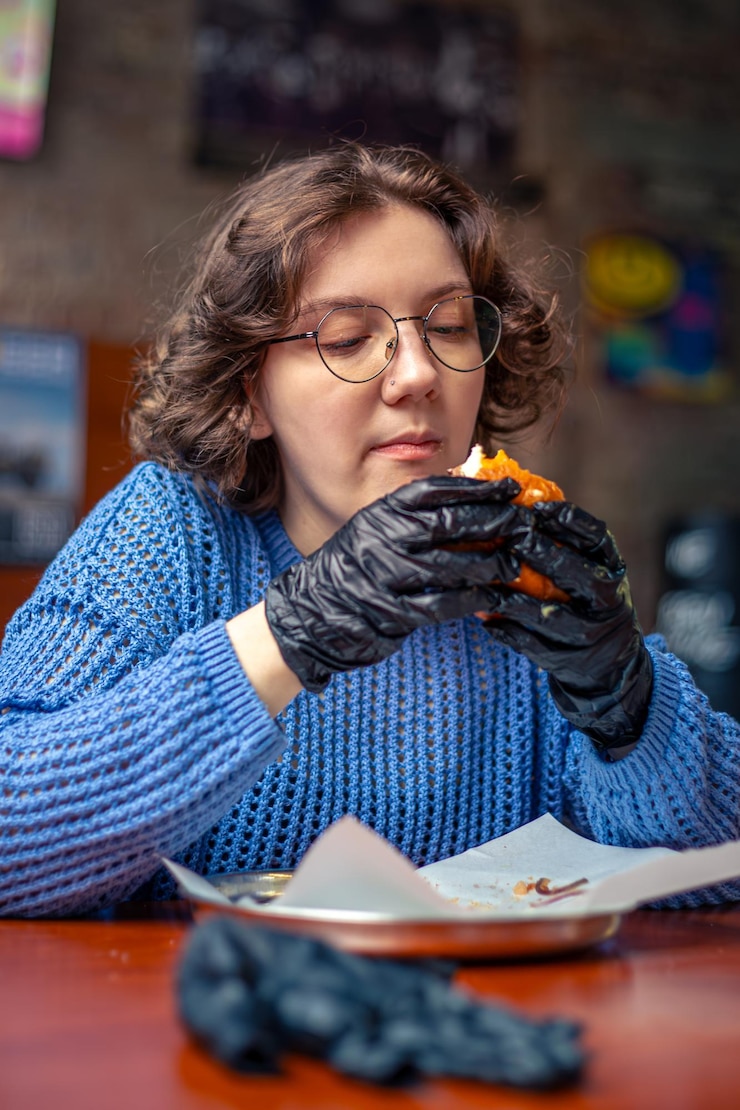 Foto gratuito mujer joven comiendo hamburguesa comida rápida engañar comida una mujer en un restaurante de hamburguesas