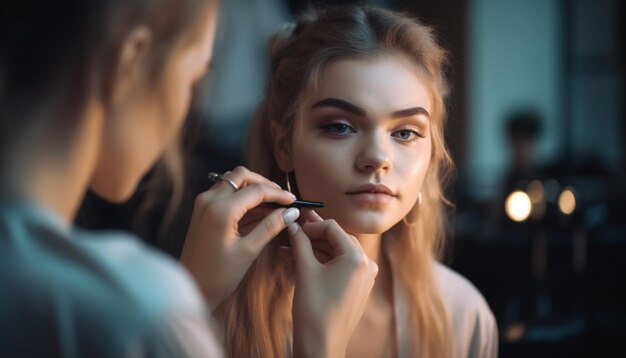 Mujer joven confiada que aplica maquillaje en la oficina generada por AI