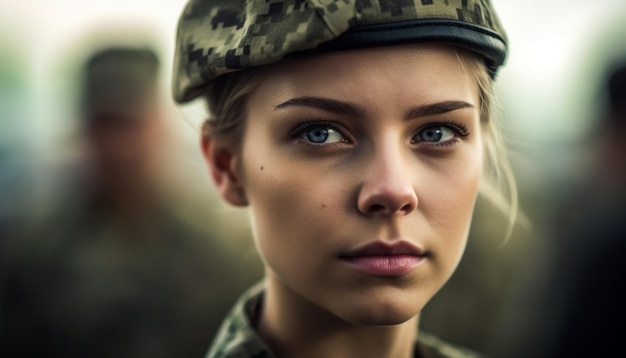 Mujer joven confiada en uniforme militar al aire libre generada por AI