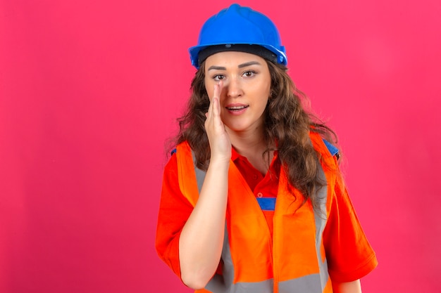 Mujer joven constructor en uniforme de construcción y casco de seguridad gritando con la mano en la boca sobre pared rosa aislado