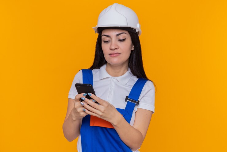 Foto gratuito mujer joven constructor en uniforme de construcción y casco de seguridad con smartphone escribiendo varios mensajes con cara seria de pie sobre la pared naranja