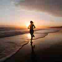 Foto gratuita mujer joven corriendo en la playa al amanecer fitness y concepto de estilo de vida saludable