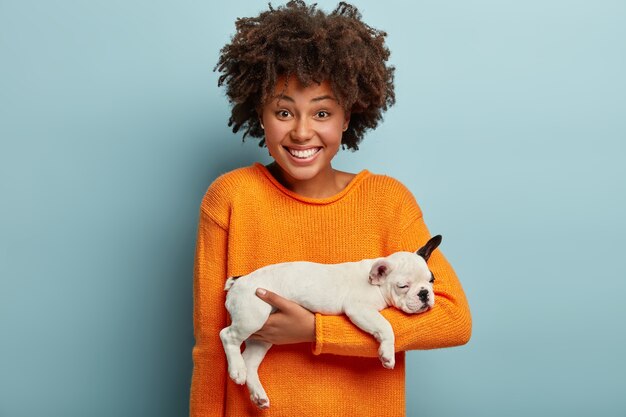 Mujer joven, con, corte de pelo afro, tenencia, perrito