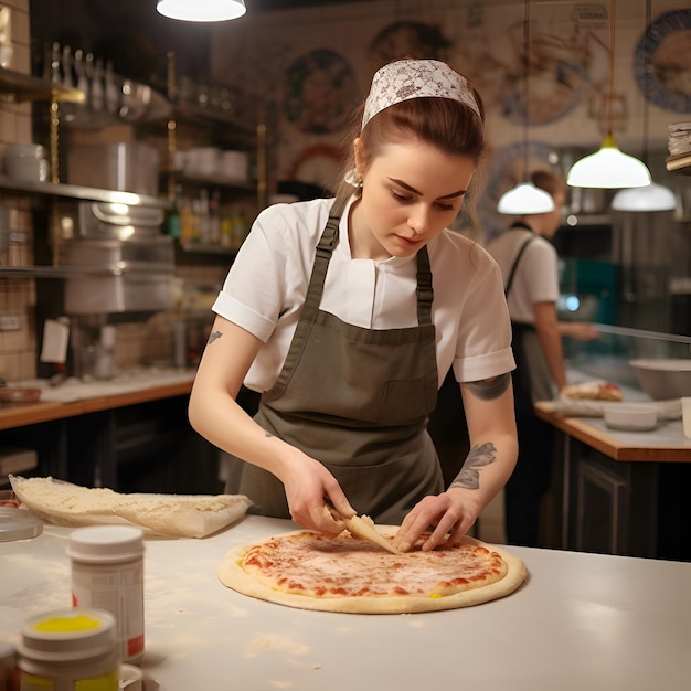 Mujer joven en delantal cocinando pizza en un restaurante de pizzería