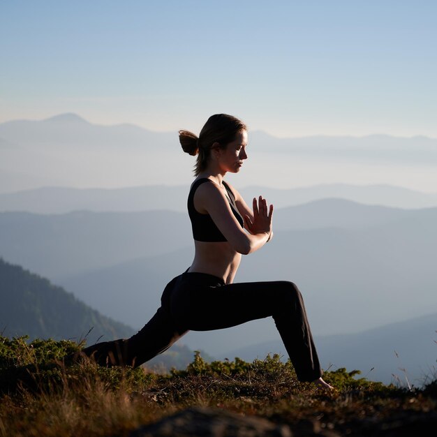 Mujer joven deportiva practicando yoga en las montañas