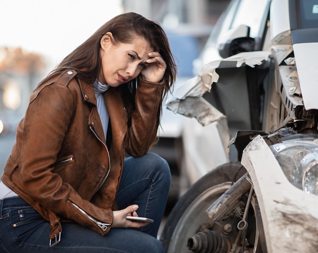 Mujer joven desesperada llorando junto a su coche destrozado