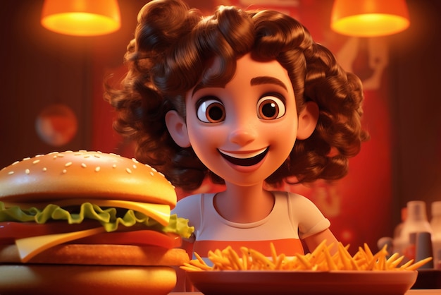 Foto gratuita mujer joven de dibujos animados con hamburguesa