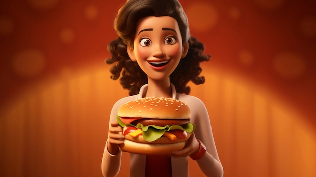 Foto gratuita mujer joven de dibujos animados con hamburguesa