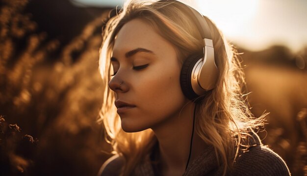 Mujer joven disfruta de la naturaleza escuchando con auriculares generados por IA