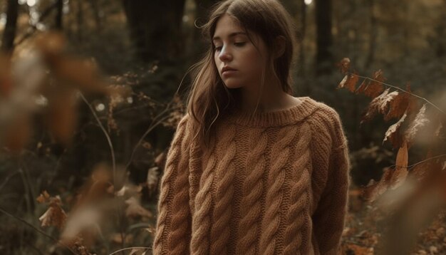 Mujer joven disfruta del otoño al aire libre en el bosque generado por IA