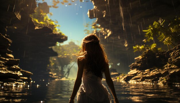 Mujer joven disfrutando de la belleza de la naturaleza por el agua generada por la inteligencia artificial