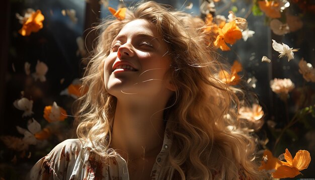 Mujer joven disfrutando de la belleza del otoño en el bosque generado por la inteligencia artificial