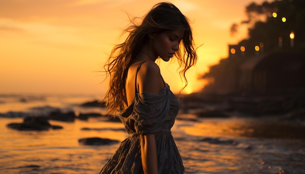 Foto gratuita mujer joven disfrutando de la puesta de sol en una playa sintiéndose despreocupada y feliz generada por la inteligencia artificial