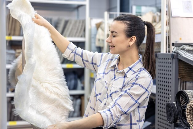 Una mujer joven elige productos para el interior de una casa en una tienda.