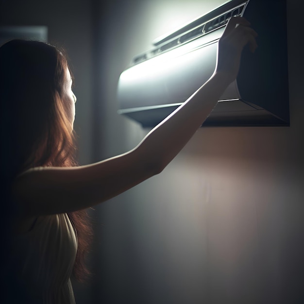 Foto gratuita mujer joven encendiendo el aire acondicionado en la habitación oscura en casa