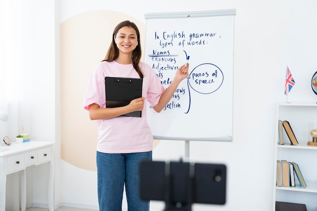 Mujer joven enseñando lecciones de inglés