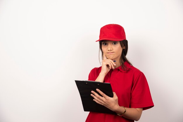 Mujer joven de entrega en uniforme rojo con portapapeles sobre fondo blanco.