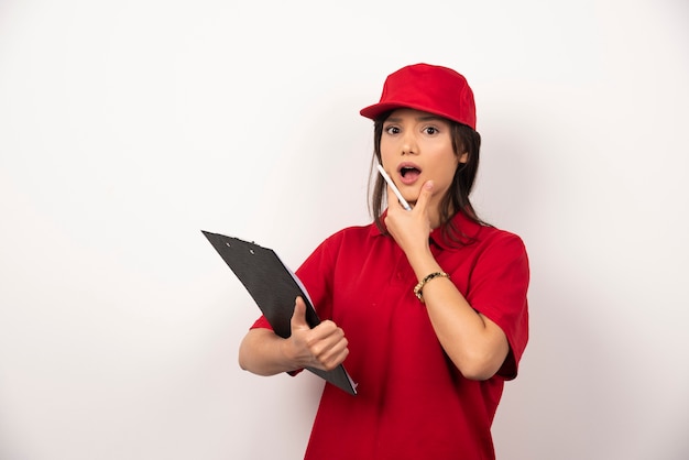 Mujer joven de entrega en uniforme rojo con portapapeles sobre fondo blanco.