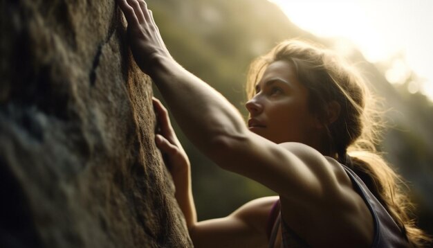 Mujer joven escalando una montaña con determinación y resistencia generada por IA