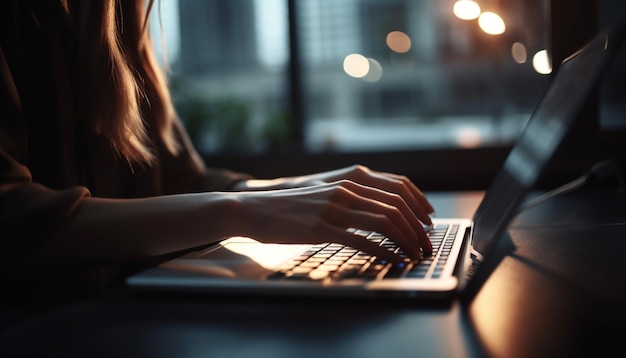Mujer joven escribiendo en la computadora portátil en la oficina generada por AI