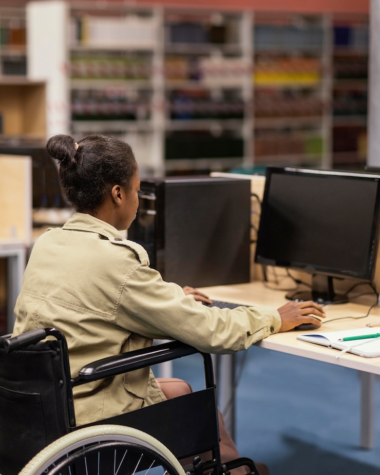 Foto gratuito mujer joven estudiando en la biblioteca