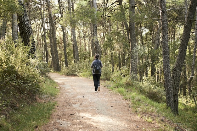 Foto gratuita mujer joven, excursionismo, en, un, bosque