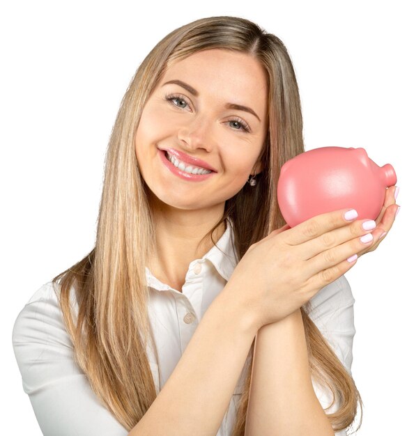 Mujer joven feliz con una caja de dinero aislada en blanco