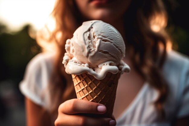 Mujer joven feliz con delicioso helado en cono de galleta al aire libre primer plano Ai generativo