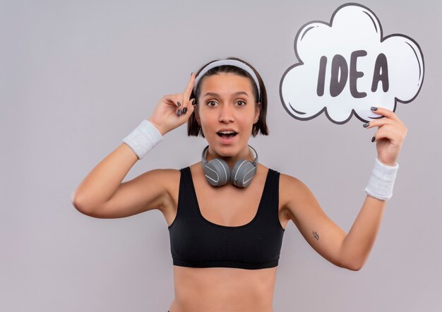 Mujer joven fitness en ropa deportiva con diadema con cartel de burbujas de discurso con idea de palabra apuntando hacia arriba con el dedo índice mirando sorprendido y feliz de pie sobre la pared blanca