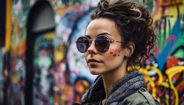 Mujer joven con gafas de sol amarillas posa sonriendo brillantemente generada por IA