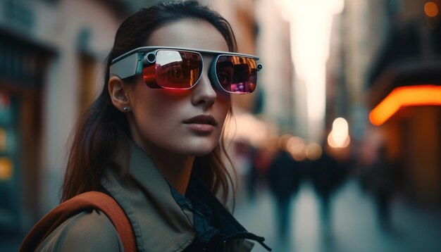 Mujer joven con gafas de sol disfruta de la vida nocturna de la ciudad generada por IA