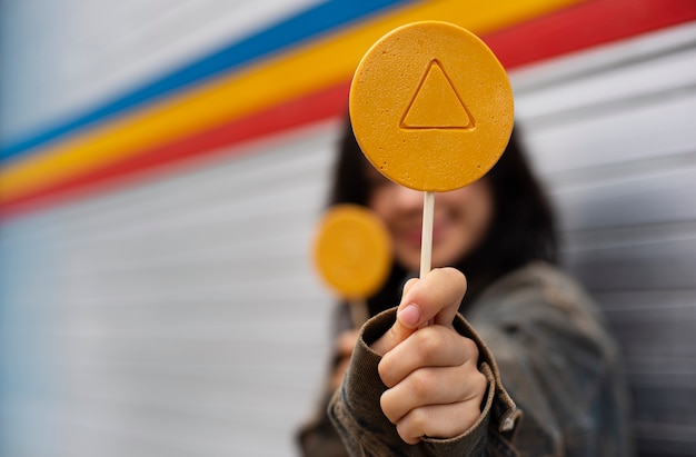 Foto gratuita mujer joven con galleta dalgona