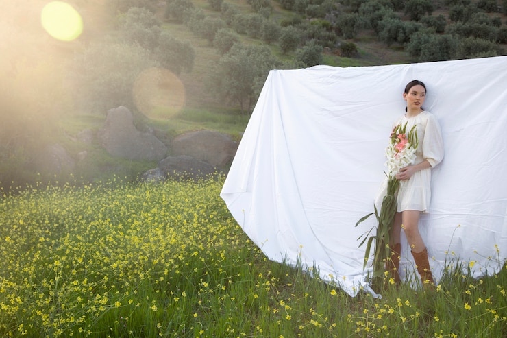 Foto gratuito mujer joven con gladiolos en la naturaleza.