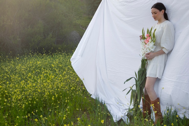 Foto gratuito mujer joven con gladiolos en la naturaleza.