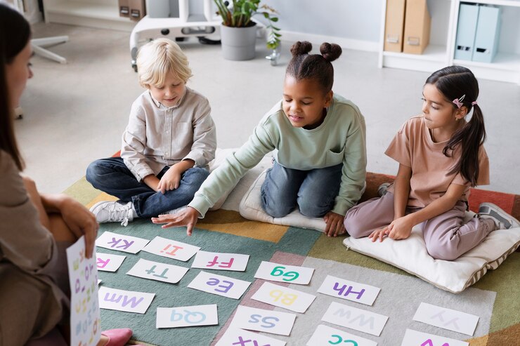 Foto gratuito mujer joven, hacer, terapia del habla, con, niños
