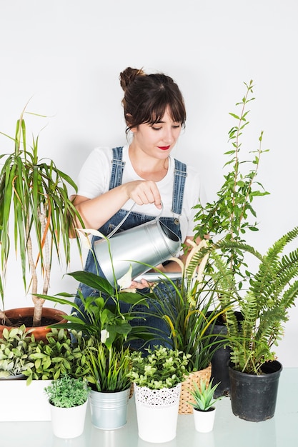 Mujer joven hermosa que vierte el agua en las plantas en maceta con la regadera