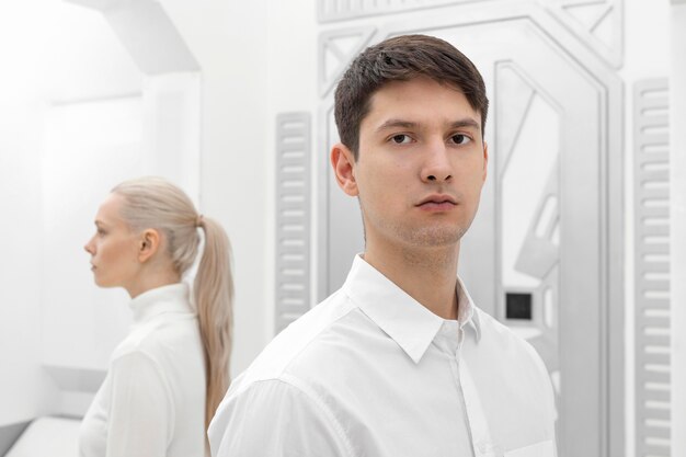 Mujer joven, y, hombre, llevando, ropa blanca