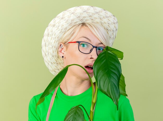 Mujer joven jardinero con pelo corto en delantal y sombrero sosteniendo la planta mirando a la cámara siendo sorprendido de pie sobre fondo claro