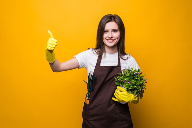 Mujer joven jardinero sosteniendo una planta dando un pulgar hacia arriba gesto