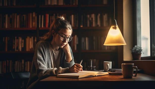 Mujer joven leyendo un libro de texto en la biblioteca doméstica generado por IA