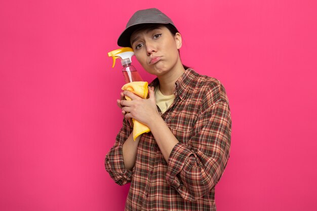 Mujer joven de la limpieza en ropa casual y gorra sosteniendo un trapo y spray de limpieza cansada con expresión triste en la cara de pie sobre la pared rosa
