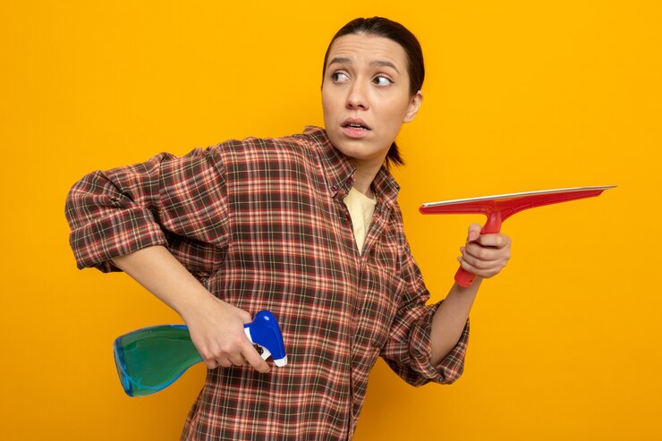Foto gratuito mujer joven de la limpieza en ropa casual con spray de limpieza y un trapeador mirando a un lado confundido y preocupado de pie sobre la pared naranja
