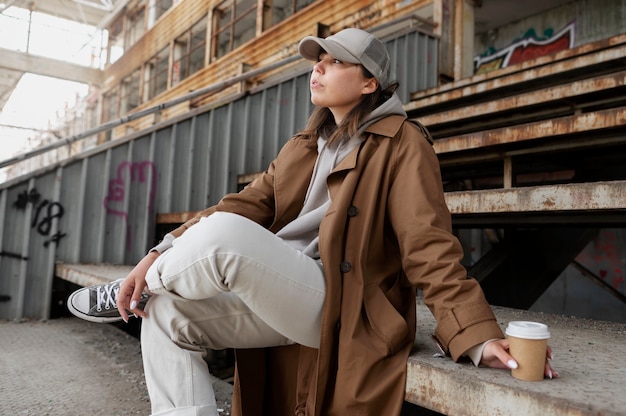 mujer joven, llevando, camionero, sombrero