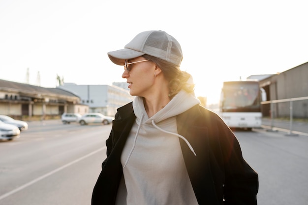 mujer joven, llevando, camionero, sombrero