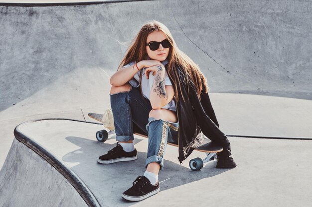 Mujer joven de moda con cabello largo y gafas de sol está sentada en su longboard en skatepark.